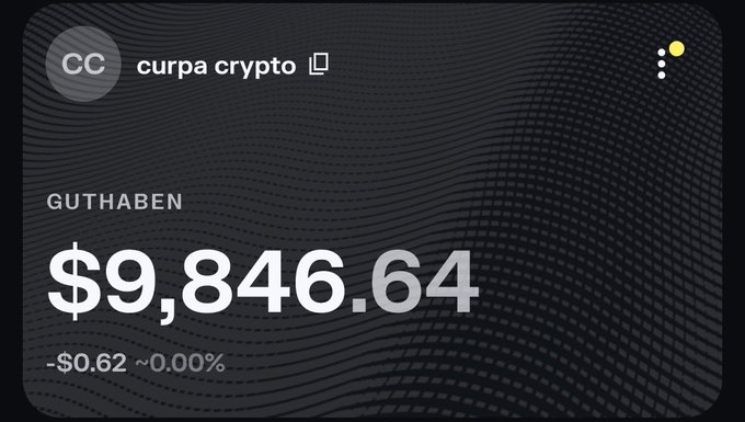The image shows a digital wallet screenshot for an account named "curpa crypto" displaying a balance (GUTHABEN) of $9,846.64, with a minor change of -$0.62 (~0.00%). The post implies the account holder is promoting a Solana airdrop giveaway, likely using this balance screenshot as proof of funds to attract participants who must follow and turn on notifications to be eligible.