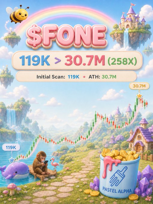 Pastel Alpha '$FONE' promotional graphic showing a fantasy landscape with a rainbow, castles, a monkey with a phone, a whale, and a price chart indicating growth from 119K to 30.7M (258X).
