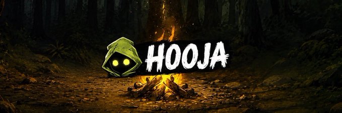 Logo banner for "HOOJA" featuring a green hooded character icon with glowing yellow eyes set against a dark forest background with a campfire.
