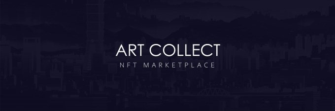 A dark banner for 'ART COLLECT NFT MARKETPLACE' featuring white text over a dark purple cityscape silhouette background.