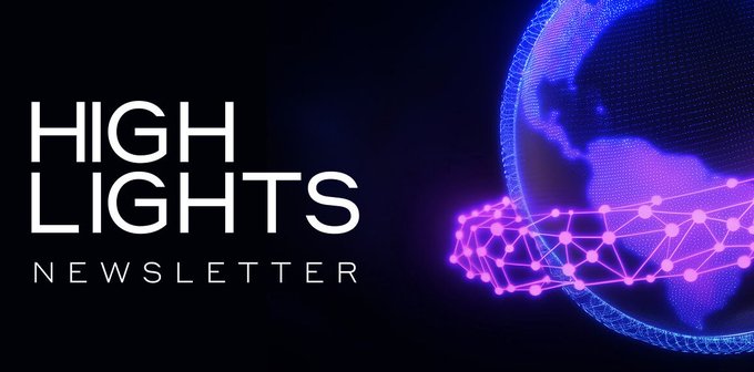 The image features the text "HIGHLIGHTS NEWSLETTER" alongside a glowing blue and purple digital globe, visually representing the newsletter's recap of Hedera's August highlights, including awards, the Sibos event, and a major infrastructure partnership.