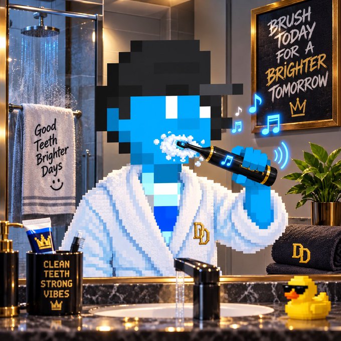 A pixel art style image showing a figure in a white robe holding an electric toothbrush with musical notes, set in a bathroom with signs reading 'BRUSH TODAY FOR A BRIGHTER TOMORROW' and 'Good Teeth Brighter Days'.