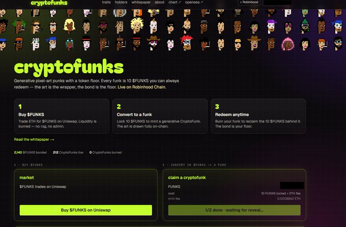 A screenshot of the cryptofunks.xyz website, which features a row of pixel-art CryptoPunks at the top, explains the process of buying $FUNKS, swapping them for a generative CryptoFunk, and burning them to reclaim the floor, with key stats showing 2,140 $FUNKS bonded, 212 CryptoFunks live, and 0 burned, alongside a market panel offering a "Buy $FUNKS on Uniswap" button and a "claim a cryptofunk" panel currently on "1/2 done · waiting for reveal..." with CA 0xb3423266c7a4acdbb5eB229c35B38bfDB28a7907.