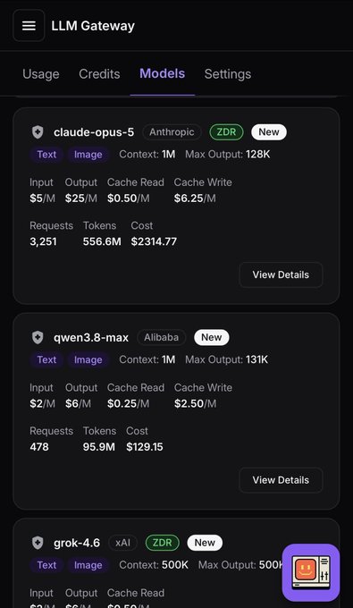 The LLM Gateway interface from Bankr displays pricing and usage statistics for various AI models including Claude Opus 5 ($5/M input, $25/M output), Qwen 3.8-max ($2/M input, $6/M output), and Grok 4.6, supporting text and image inference across multiple frontier models. The dashboard highlights the gateway's pay-with-any-coin flexibility by showing model details like context windows, max outputs, and ZDR (zero data retention) options across providers like Anthropic, Alibaba, and xAI.