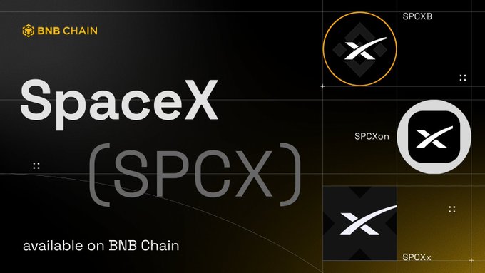 The image features a poster for SpaceX tokens that are available on BNB Chain. The poster displays three different logos representing the SpaceX token, with each logo accompanied by text explaining its purpose or availability. The first logo shows a black background with white text stating "SpaceX" and "SPCX". The second logo is a white circle with a black x in the center, indicating that it's a tokenized share available on BNB Chain. The third logo features a black background with white text that reads "SPCX", suggesting that this particular token is also available for purchase on BNB Chain.