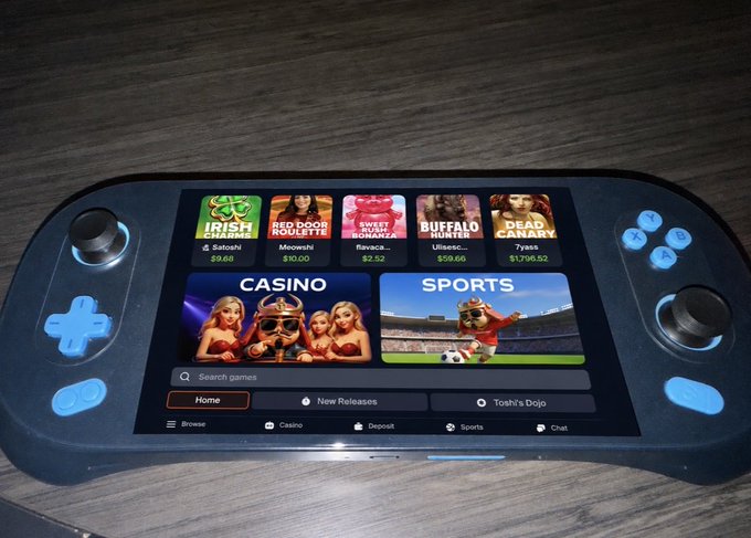 The image shows a SuiPlay handheld gaming device displaying the ToshiBet platform, featuring casino games like "Irish Loot," "Red Door Roulette," "Sweet Bonanza," "Buffalo Hunter," and "Dead Canary" with their respective bet amounts, alongside "Casino" and "Sports" category options. The post demonstrates that the ToshiBet app can be installed and run on the SuiPlay handheld, with an invitation to sign up using the referral code "toshi.bet/r/sui."