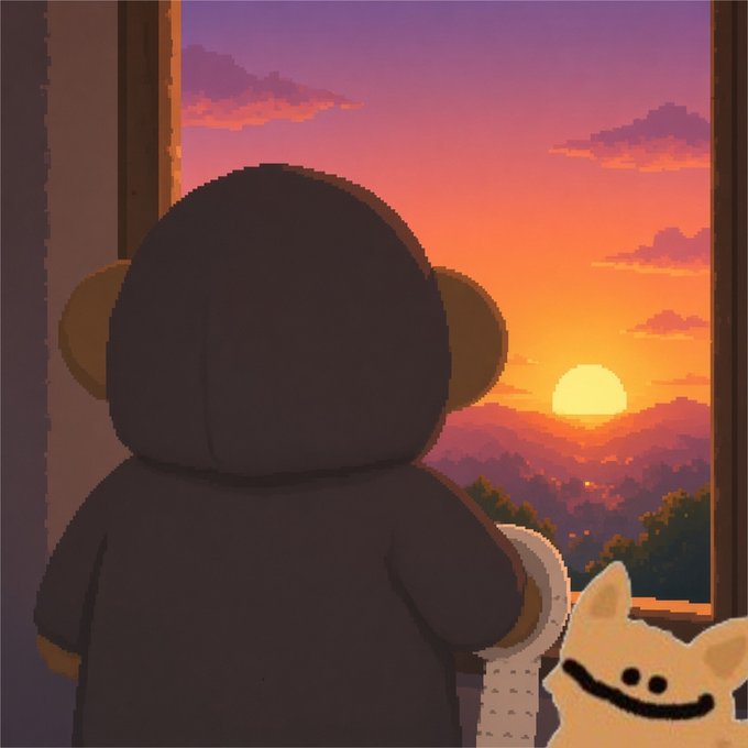 An animated illustration shows a hooded figure looking out a window at a vibrant orange sunset over mountains, with a small smiling cream-colored character peeking in from the right.