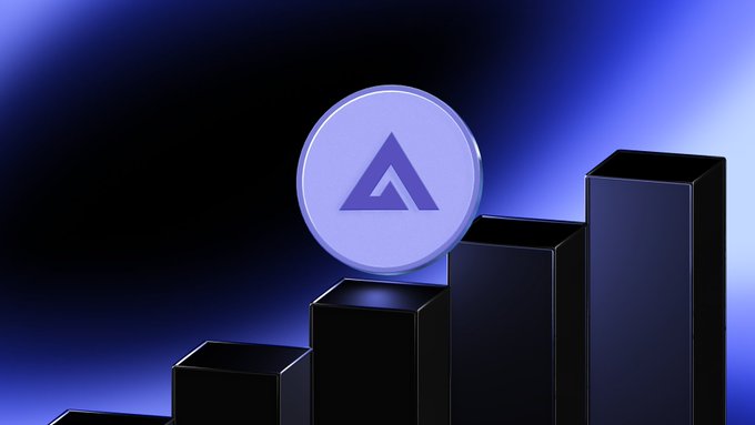 A 3D render of a purple circular token featuring a triangular logo rests on ascending black bar steps against a dark blue and purple gradient background.