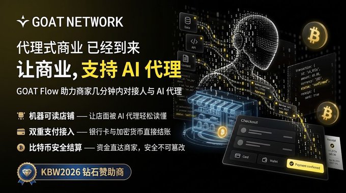 A promotional graphic for GOAT NETWORK in Chinese advertising AI agent-based commerce with Bitcoin integration, featuring "GOAT Flow" and "KBW2026" sponsorship text.