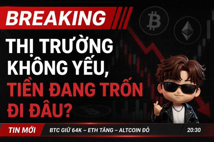 A Vietnamese breaking news graphic stating 'THỊ TRƯỜNG KHÔNG YẾU, TIỀN ĐANG TRỐN ĐI ĐÂU?' with BTC holding 64K, ETH rising, altcoins red, timestamped 20:30.