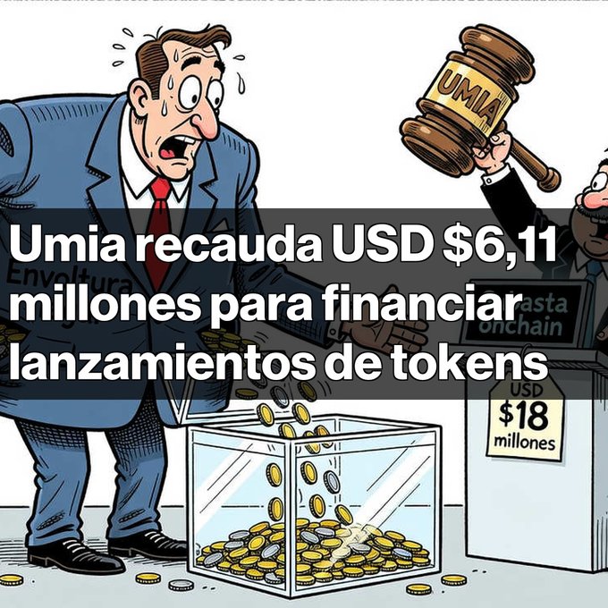 A cartoon illustration showing a sweating businessman and a gavel labeled 'UMIA', with text in Spanish reading 'Umia recauda USD $6,11 millones para financiar lanzamientos de tokens' (Umia raises USD $6.11 million to finance token launches).