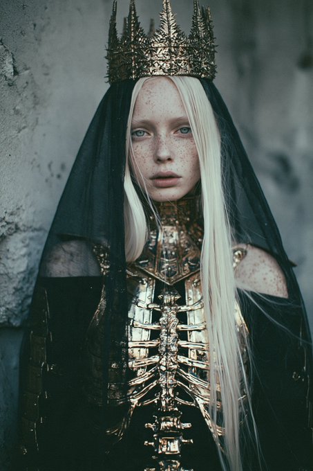 Portrait of a pale woman with long platinum blonde hair, freckles, and a black veil, wearing an ornate dark gold crown and a metallic gold skeletal-style bodice.