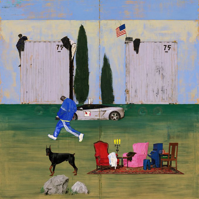 A painting depicting a surreal outdoor scene with a person in a blue tracksuit walking a black Doberman, set against a backdrop of two large white trailers marked '75', a sports car, and a small arrangement of living room furniture on a rug.