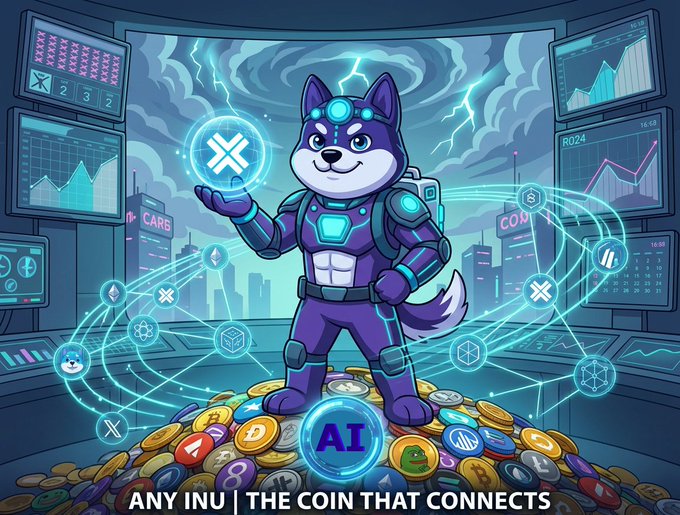 A digital illustration of a cartoon husky dog character in a futuristic purple and teal suit, holding an 'X' coin, standing on a pile of various cryptocurrency tokens with 'AI' in the center, captioned 'ANY INU | THE COIN THAT CONNECTS.'