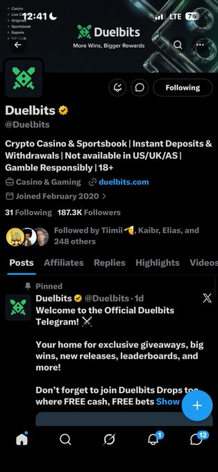 A Twitter/X profile screenshot for Duelbits (@Duelbits), a verified crypto casino and sportsbook, showing 187.3K followers and a pinned post welcoming users to the official Telegram.