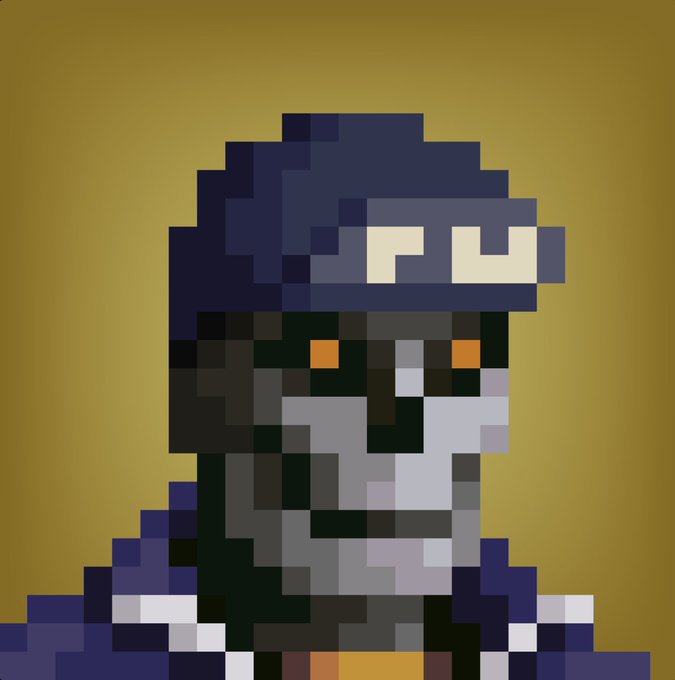 A pixel art portrait of a masked character wearing a dark hood against an olive-green background.