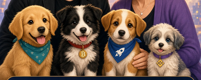 An illustration showing four dogs of different breeds (Golden Retriever, Border Collie, Beagle, and small terrier mix) wearing colorful bandanas with cryptocurrency-themed tags, posed in front of two people.