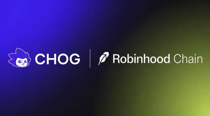 The image features the logos and names "CHOG" and "Robinhood Chain," visually representing the partnership and migration event described in the post. This collaboration signals CHOG's transition to Robinhood Chain as an AI cat token.