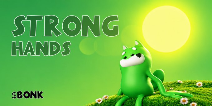 A 3D-rendered green cartoon dog character sits on grass against a green background with 'STRONG HANDS' text and '$BONK' ticker.