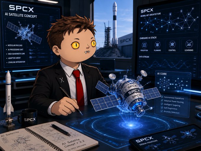 The image features a cartoon boy dressed in a suit sitting at a desk with a notebook and pen, seemingly working or studying. The scene takes place in front of a computer monitor displaying information about SPCX, which stands for Space Concepts and Principles. In the background, there is a rocket ship, suggesting that the boy might be interested in space exploration or technology. The image also includes a book titled "At SPCX", possibly related to the SPCX company or space concepts.