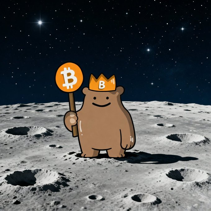 The image features a cartoon bear standing on a moon-like surface, holding an orange sign with "B" written on it. The background of the image shows stars against a dark blue sky, creating a sense of depth and space. The caption below the image reads "GM GemChain Stay $GRIZZY".