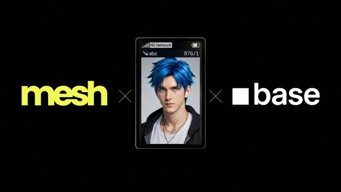 The image features an advertisement with two cell phones placed side by side against a black background. The phone on the left has a blue screen, while the one on the right displays a white screen. Above these phones, there are two words written in yellow - "Mesh" and "Base". Below the phones, there is text that reads: " Mesh & Base Are Building Seamless Crypto Payments @meshpay @Base is a massive step forward for stablecoin payments & onchain commerce". The image seems to be promoting a new payment system or app.