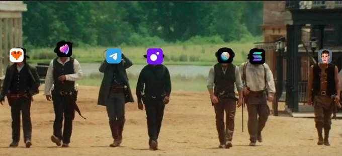 Western-themed image of seven men walking down a dirt road in period clothing, with their faces obscured by various app icons (Reddit, Telegram, photos, emoji, etc.).