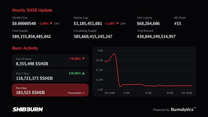 A ShibBurn dashboard displaying SHIB cryptocurrency statistics including price ($0.00000540), market cap ($3,185,451,081), 24-hour volume, burn activity data, and a burn rate chart.