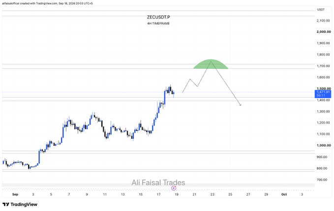 TradingView chart of ZECUSDT.P on the 4H timeframe showing price action with an annotated projection pointing to potential downside, credited to 'Ali Faisal Trades'.
