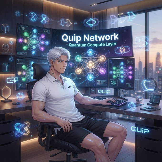 An anime-style illustration of a silver-haired man sitting at a gaming/tech setup with multiple monitors displaying 'Quip Network - Quantum Compute Layer' surrounded by neon holographic graphics.