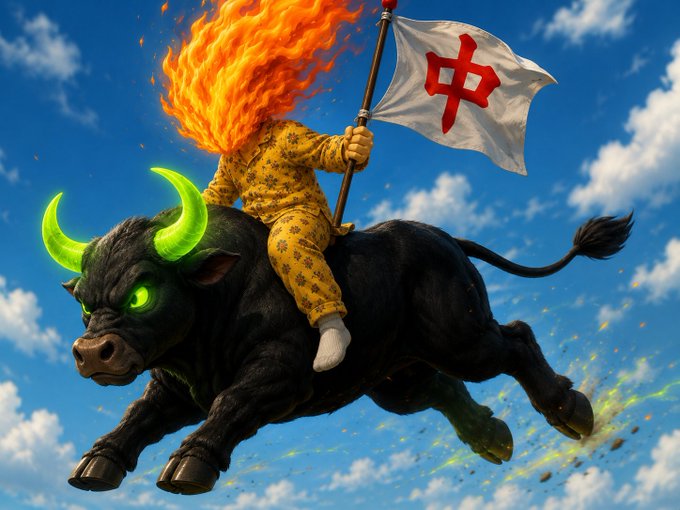A vibrant 3D illustration of a character with a flaming head, wearing yellow patterned pajamas, riding a black bull with glowing green horns and hooves while holding a white flag with a red symbol.
