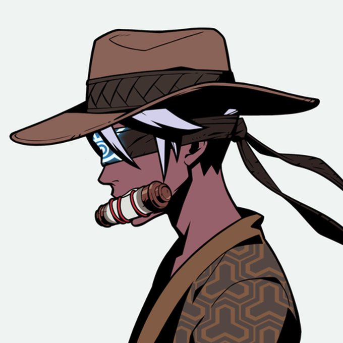 Anime-style profile illustration of a character wearing a brown wide-brimmed hat and patterned clothing, with a blindfold and a cylindrical object near their mouth.