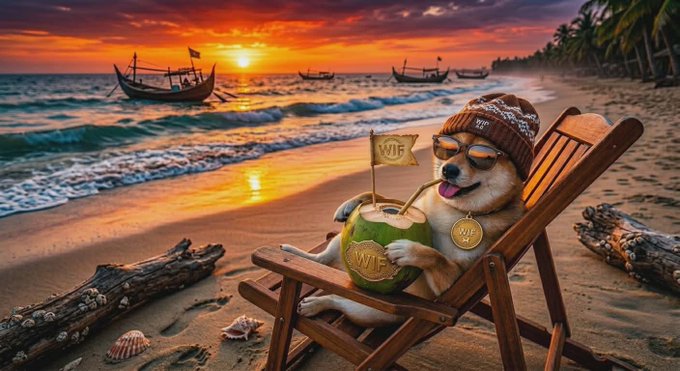 The image features a dog sitting comfortably in an empty wooden chair on a sandy beach during sunset. The dog has a hat on its head, sunglasses, and a goldfish-shaped coin around its neck. In front of the dog, there is a coconut that appears to be filled with coconuts or water. A boat can also be seen in the background near the ocean waves. The post includes text such as "Chillin' on the beach, sippin' coconut, and waiting for the next big wave!".