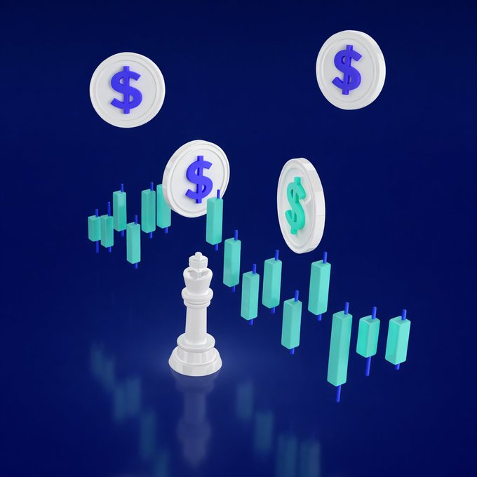 A 3D illustration depicting a white chess king piece standing among teal candlestick chart bars with dollar sign coins floating above on a dark blue background.