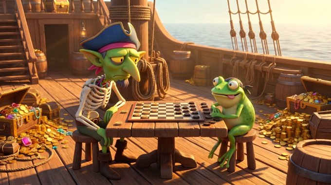 A 3D rendered scene of a skeletal pirate and a green frog playing chess on the deck of a treasure-laden pirate ship.