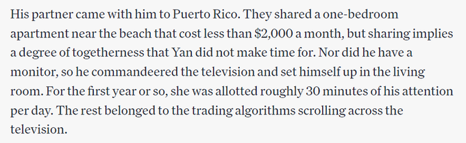 The image shows a text excerpt describing how Yan's partner accompanied him to Puerto Rico, where they shared a beachside apartment under $2,000/month, but Yan's relentless focus on trading algorithms—displayed on a commandeered TV—left her with just 30 minutes of his attention daily.

The excerpt illustrates the obsessive work ethic that drives the founder behind Hyperliquid, supporting the post's theme that his billionaire success hasn't diminished his intense dedication to trading.