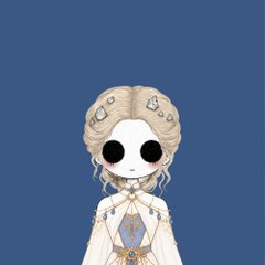 A simple digital illustration of a pale character with large black eyes and wavy white hair, wearing a white outfit with a blue gem, against a solid blue background.