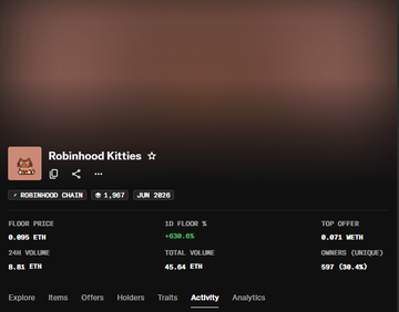 The image shows a Robinhood Chain marketplace listing for "Robinhood Kitties" NFT collection with a floor price of 0.005 ETH, 10 floor, and a top offer of 0.071 WETH, displaying 597 owners (38.4%) with recent activity data. The screenshot supports the post's message about rebuilding the Robinhood Kitties community, showing the collection's current market metrics as the creator begins their mission to revitalize the project and unite holders.
