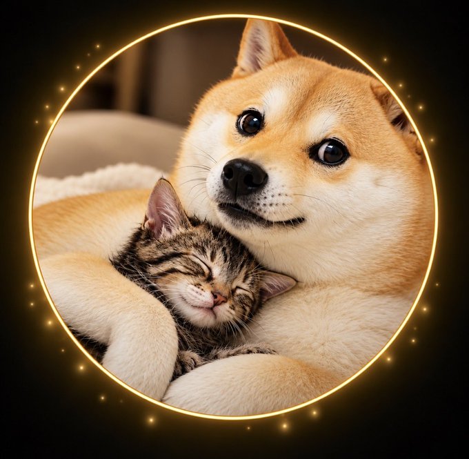 A heartwarming illustration of a Shiba Inu dog gently cuddling a small tabby kitten, framed by a glowing golden circular border with sparkling lights.