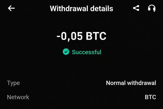 A withdrawal confirmation screen shows '-0,05 BTC' as 'Successful' for a normal withdrawal on the BTC network.