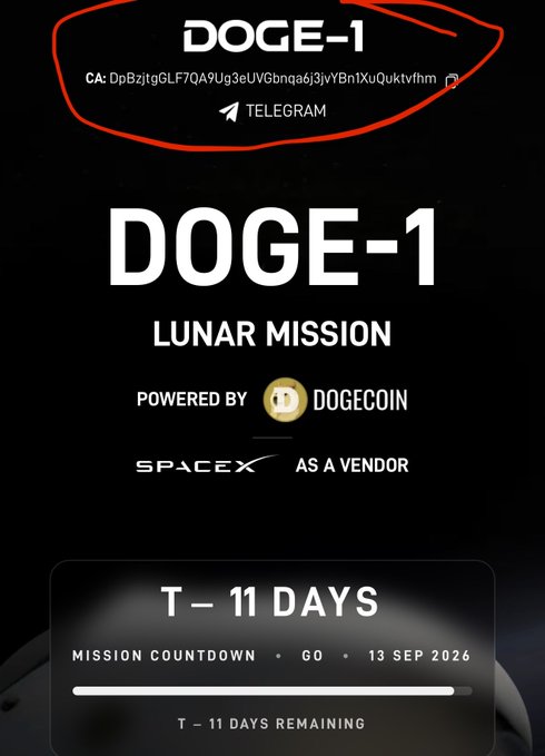 A promotional graphic for "DOGE-1 Lunar Mission, powered by Dogecoin and SpaceX" displays the contract address "DpBzjtyGLF7QA9Ug3eUVGbnqa6j3jvYBn1XuQuktvfhm" circled in red alongside a Telegram link, with a countdown showing "T-11 DAYS REMAINING" until the September 13, 2026 mission launch. The image visually reinforces the post's claim by showcasing the verified Dogecoin contract address and emphasizing the imminent countdown to the mission's liftoff.