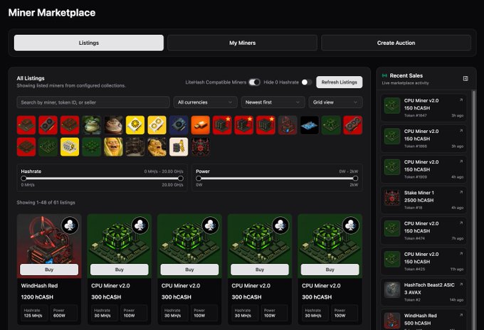 Screenshot of the 'Miner Marketplace' interface displaying listings of various digital miners (CPU Miner v.2.0, WindHash Red) for sale in NCASH currency, with recent sales on the right side.