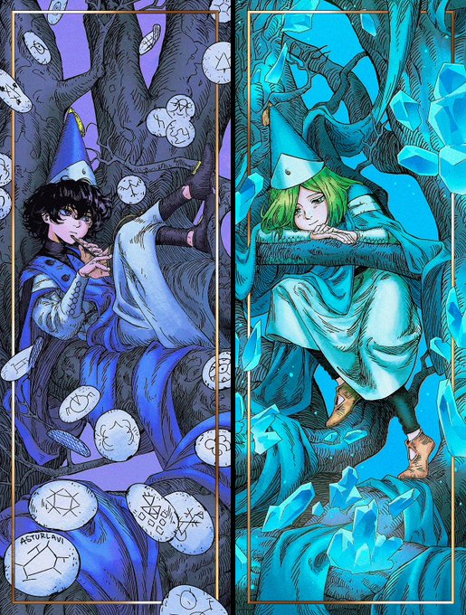 A diptych illustration features two blue-robed figures with pointed wizard-like hats: on the left, a dark-haired figure reclines among floating stones inscribed with astrological symbols, including one labeled "ASTROLOGY," while on the right, a green-haired figure perches in a crystal-filled cave. The contrasting warm and cool tones, mystical elements, and arcane motifs thematically connect to the #arkco post, suggesting an artistic depiction of cosmic duality or celestial magic.