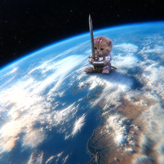 A tiny kitten adorned with a pink bow and clutching a large sword sits atop Earth from space, its determined gaze staring off into the distance. The image captures a sense of quiet resolve, mirroring the post's theme of a hardened, battle-ready stare from someone—or something—with nothing left to lose.