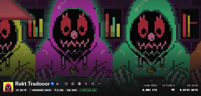 A NFT collection titled "Rekt Tradooor" by OSF on the Robinhood Chain features pixel art skeletons in colorful hoodies (purple and green) with ghostly faces, showing a floor price of 0.085 ETH, 1D floor change of 0%, and top offer of 0.0743 ETH, with 6,288 supply and listed as "MINTING NOW," aligning with the post about Phase 1 being live and floor at 0.09 ETH.