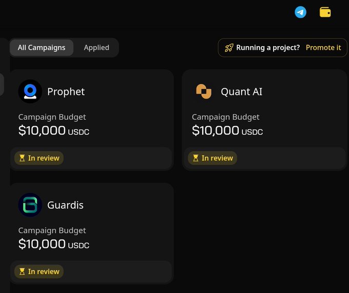 The image shows a computer screen displaying various campaign budgets listed out, including one for $10K USDC and another for $30K AI. The text next to these campaigns suggests that they have been applied to the first wallchain Select campaign. The posts also indicate that there's an ongoing review process of these campaigns being applied. In the image description, it is noted that this shift in how creator marketing should work involves connecting brands with relevant niche audiences and focusing on finding stronger AI matches.