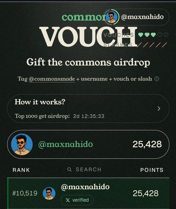 A dark-themed airdrop page for 'commor' showing a 'VOUCH STABLES' header, instructing users to tag @commonsmade, with a leaderboard showing user @maxnahido ranked #10,519 with 25,428 points.