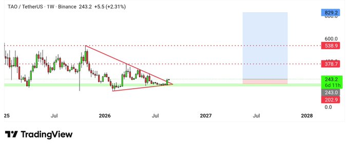 A TradingView weekly chart of TAO/TetherUS on Binance showing the price at $243.2, up 5.5 (+2.31%), with a descending triangle pattern nearing breakout near the $202.9–243.2 support zone and resistance levels marked at $378.7, $538.9, and a target of $829.2. The chart visually supports the post's bullish outlook, showing the consolidation triangle on the verge of breaking out with projected targets reaching $300 or higher.