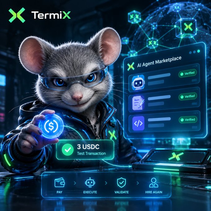 A promotional graphic for TermiX featuring a gray kitten in a leather jacket and futuristic goggles, showcasing an AI Agent Marketplace and a test transaction of 3 USDC.