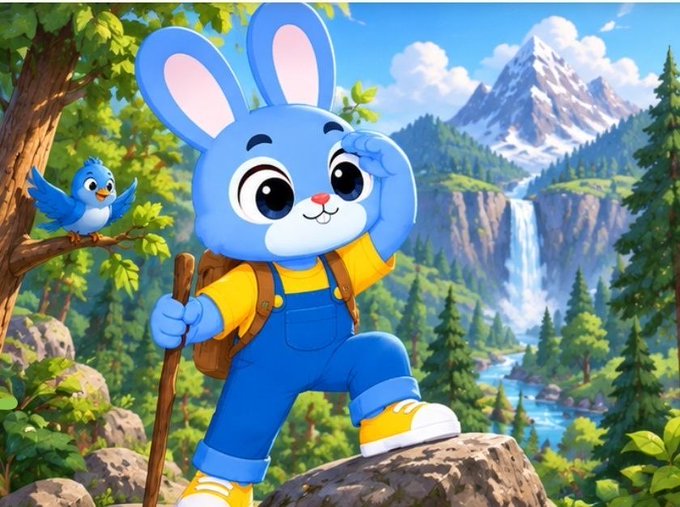 A cheerful blue cartoon bunny named Gmax stands triumphantly on a rocky outcrop with a walking stick and backpack, gazing into the distance alongside a small blue bird, with a stunning mountainous landscape featuring waterfalls and forests in the background — perfectly capturing the spirit of the "let's go on an adventure" message.